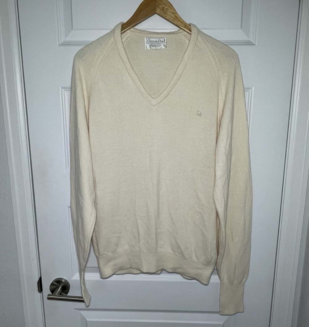 Vintage Christian Dior Mens V-Neck Sweater Cream Size L Made in USA Cousin Eddie